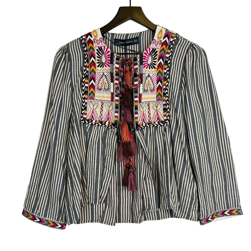New Zara Womens Boho Ethnic Tassel Tie Front Top Embroidered Gray Pink $69 - M